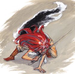  1girl boots border brown_boots brown_pants full_body gouache_(medium) grey_background hand_on_ground highres holding holding_sword holding_weapon laitma open_mouth orange_eyes painting_(medium) pants pelt red_hair shut_hell shut_hell_(character) solo sword teeth traditional_media weapon 