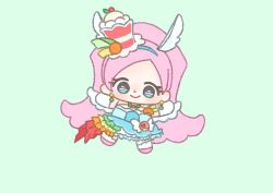  1girl absurdly_long_hair animal_ears blue_dress blue_eyes blue_hairband bow chibi closed_mouth cure_parfait dot_nose dress dress_bow earrings elbow_gloves extra_ears eyelashes food food-themed_clothes food-themed_hair_ornament forehead frilled_dress frills fruit gloves green_background green_eyes hair_ornament hairband happy heart heart_print high_ponytail horse_ears horse_girl ichigo_usuhana jewelry kirahoshi_ciel kirakira_precure_a_la_mode light_blush long_hair looking_at_viewer magical_girl medium_dress multicolored_eyes multiple_earrings orange_(fruit) orange_slice outstretched_arms parfait pegasus_wings pink_bag pink_hair pink_shoes ponytail precure shoes simple_background smile solo sphere_earrings strapless strapless_dress tareme thighhighs two-tone_bag two-tone_eyes very_long_hair waist_bag white_bow white_gloves white_thighhighs white_wings wings yellow_bag 