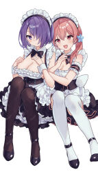  .live 2girls black_bow black_bowtie black_shoes black_thighhighs blush bow bowtie breasts cleavage closed_mouth commentary_request commission detached_collar frilled_skirt frills hair_ornament hair_over_one_eye hairclip highres kiso_azuki kitakami_futaba maid maid_headdress multiple_girls open_mouth pink_eyes pink_hair purple_eyes purple_hair sample_watermark shoes simple_background skeb_commission skirt thighhighs virtual_youtuber watermark watermark_grid white_background white_thighhighs wrist_cuffs x_hair_ornament yu_ri_0320 