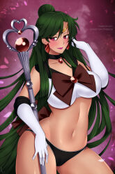  1girl bishoujo_senshi_sailor_moon black_choker black_panties black_sailor_collar bow breasts brooch choker elbow_gloves garnet_rod gloves green_hair hair_bun jewelry large_breasts lindaroze lips long_hair meiou_setsuna midriff navel panties red_bow red_eyes sailor_collar sailor_moon_narikiri_bra_set sailor_pluto sailor_senshi_uniform single_hair_bun smile solo tan thick_thighs thighs underwear white_gloves 