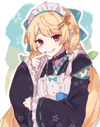  1girl blonde_hair blush butterfly_hair_ornament finger_to_mouth green_nails hair_ornament highres looking_at_viewer maid maid_headdress miko1117 nail_polish nijisanji nijisanji_en pointy_ears pomu_rainpuff red_eyes solo tongue tongue_out virtual_youtuber  rating:General score:3 user:truesword24