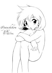  1girl absurdres artist_name blush breasts completely_nude dated feet_out_of_frame highres legs looking_at_viewer medium_breasts misty_(pokemon) monochrome nintendo nude open_mouth pokemon pokemon_gsc pokemon_hgss short_hair signature sitting sketch solo twitter_username yauchikou 