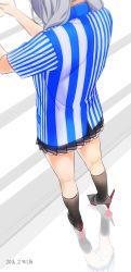 10s 1girl 2016 ama_mitsuki beret breasts dated employee_uniform female_focus hat kantai_collection kashima_(kancolle) kashima_(lawson)_(kancolle) large_breasts lawson long_hair looking_at_viewer panties pantyshot pantyshot_through_reflection reflection silver_hair skirt solo standing striped twintails underwear upskirt wavy_hair white_panties working rating:Sensitive score:33 user:danbooru