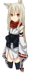  1girl adapted_costume animal_ears black_sash black_thighhighs cat_ears cat_girl closed_mouth commentary_request cowboy_shot detached_sleeves expressionless grey_hair japanese_clothes kimono long_hair looking_at_viewer meiko_(nattu303) ninja ninja_(ragnarok_online) obi ragnarok_online red_eyes sash simple_background solo thick_eyebrows thighhighs white_background white_kimono white_sleeves 