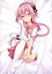  1boy amemiya_ruki arm_behind_head astolfo_(fate) astolfo_(sailor_paladin)_(fate) bed_sheet blush braid dakimakura_(medium) erection fate/grand_order fate_(series) foreskin full_body hair_intakes hair_ribbon has_bad_revision has_censored_revision highres long_hair looking_at_viewer lying male_focus midriff no_panties official_alternate_costume on_back penis phimosis pink_eyes pink_hair pink_serafuku pink_skirt ribbon school_uniform serafuku single_braid skirt smile solo testicles thighhighs trap uncensored very_long_hair white_thighhighs  rating:Explicit score:59 user:danbooru