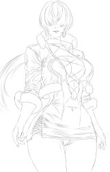 1girl breasts cleavage cleavage_cutout clothing_cutout curvy dress female_focus fishnets huge_breasts jacket large_breasts long_hair pale_skin panties ponytail shermie_(kof) skirt standing the_king_of_fighters thick_thighs thighs underwear wide_hips
