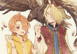  2boys :d animal animal_on_shoulder bird bird_on_shoulder blonde_hair blue_eyes bracelet brown_hair closed_mouth crossover eagle hair_over_one_eye hirogaru_sky!_precure iskandar_(shoukoku_no_altair) jacket jewelry lanzhu long_sleeves mahmut_bey male_focus multiple_boys murase_ayumu open_mouth precure red_eyes short_hair shoukoku_no_altair smile upper_body voice_actor_connection yellow_jacket yuunagi_tsubasa 