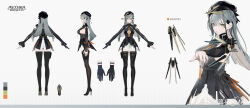  1girl a-pose absurdres aether_gazer beret black_boots black_gloves black_hat boots breasts concept_art full_body gloves green_hair green_nails hat high_heels highres large_breasts logo long_hair looking_at_viewer mek multiple_views sideboob solo thoth_(aether_gazer) weapon yellow_eyes 