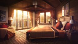  balcony bed bedroom blanket carpet chair curtains daffodil desk_lamp flower forest glowing hanging_light highres indoors lamp lodge mountainous_horizon nature non-web_source official_art our_life our_life:_beginnings_and_always photo_(object) pillow plant potted_plant railing sunset variant_set window window_light 