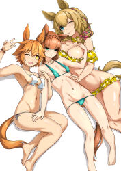  3girls absurdres alternate_costume animal_ears barefoot bead_bracelet beads bikini blue_bikini bracelet braid braided_ponytail breasts brown_hair commentary_request crown_braid feet flipped_hair full_body hair_between_eyes highres horse_ears horse_girl horse_tail jewelry large_breasts long_hair matikanefukukitaru_(umamusume) medium_breasts multiple_girls navel official_alternate_hairstyle orange_hair plaid_bikini plaid_clothes side-tie_bikini_bottom silence_suzuka_(emerald_on_the_waves)_(umamusume) silence_suzuka_(umamusume) simple_background small_breasts stomach swimsuit taiki_shuttle_(bubblegum_memories)_(umamusume) taiki_shuttle_(umamusume) tail thighs toes umamusume w white_background white_bikini yellow_bikini yingjian 