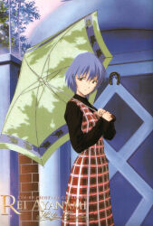  1girl absurdres ayanami_rei blue_hair character_name closed_mouth dress elephant highres holding holding_umbrella light_smile neon_genesis_evangelion official_art red_dress red_eyes sadamoto_yoshiyuki short_hair solo umbrella 