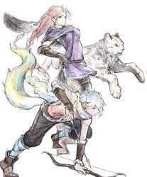  1boy 1girl arrow_(projectile) boots bow_(weapon) brown_boots brown_hair commentary_request cosplay costume_switch h&#039;aanit_(octopath_traveler) hand_on_own_hip highres holding holding_bow_(weapon) holding_weapon leaning_forward linde_(octopath_traveler) long_hair looking_ahead octopath_traveler octopath_traveler_i qqqqqli simple_background snow_leopard standing therion_(octopath_traveler) weapon white_background white_hair 