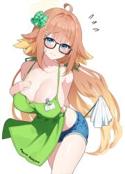  1girl ahoge apron arm_behind_back black-framed_eyewear blonde_hair blue_archive blue_eyes blue_shorts blush bow breasts cleavage closed_mouth commentary_request denim denim_shorts feather_hair flying_sweatdrops glasses gradient_hair green_apron green_bow hair_bow hair_intakes halo hand_on_own_chest large_breasts long_hair looking_at_viewer low_twintails multicolored_hair nearly_naked_apron orange_hair plaid_bow shimiko_(blue_archive) shorts simple_background smile solo tansui_san_(tcjp4784) thighs twintails white_background yellow_halo 