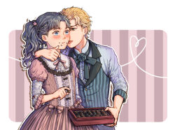  1boy 1girl blonde_hair blue_eyes blue_hair blush bow box box_of_chocolates chocolate dio_brando eating genderswap genderswap_(mtf) hetero jojo_no_kimyou_na_bouken jonathan_joestar licking lolita_fashion phantom_blood ryuuki1234_(spitonmyart) side_ponytail tongue tongue_out valentine yellow_eyes 