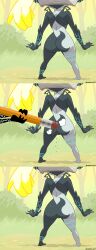  2girls absurdres artist_name ass ass_focus black_skin butt_crack colored_skin dangerking11 doodle doppelganger dust_cloud female_focus forest from_behind grey_skin helmet highres holding holding_pencil imp midna multicolored_skin multiple_girls nature nintendo oversized_object parody pencil scene_reference standing the_legend_of_zelda the_legend_of_zelda:_twilight_princess two-tone_skin  rating:Explicit score:19 user:CrazedCzar1