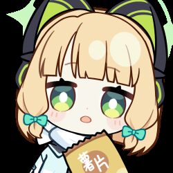  1girl :o :t animal_ear_headphones animal_ears animated animated_gif aqua_jacket bag_of_chips blinking blonde_hair blue_archive blunt_bangs blunt_ends blush_stickers bow bright_pupils cat_ear_headphones cat_ears chewing chinese_text chips_(food) chunye_haruya commission disembodied_hand dot_nose eating fake_animal_ears food gloves green_bow green_eyes green_gloves green_halo hair_bow halo headphones holding holding_food jacket looking_at_viewer low-tied_sidelocks lowres midori_(blue_archive) midori_(winter)_(blue_archive) missing_commentary official_alternate_costume potato_chips scarf second-party_source short_hair sidelocks simple_background solo text_print transparent_background upper_body white_pupils white_scarf winter_clothes 