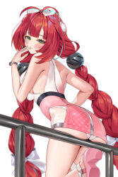  1girl ass ass_support blush bracelet braid breasts closed_mouth eyewear_on_head from_behind green_eyes highres jewelry large_breasts looking_at_viewer low_twintails matrix16 one-piece_swimsuit parted_lips red_hair sideboob simple_background smile solo sunglasses swimsuit twin_braids twintails ukinami_yuzuha ukinami_yuzuha_(tanuki_in_broad_daylight) white_background zenless_zone_zero  rating:Sensitive score:3 user:armorcrystal