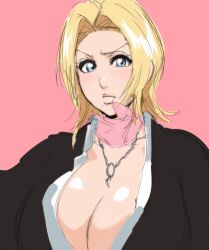  1girl absurdres bleach blonde_hair blue_eyes breasts chain chain_necklace cleavage highres huge_breasts japanese_clothes jewelry matsumoto_rangiku medium_hair mole mole_under_mouth necklace pink_scarf scarf sekihan shihakusho  rating:Sensitive score:2 user:YuukoLover