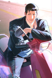  1boy black_eyes black_hair black_jacket black_pants day fatcat feet_out_of_frame jacket looking_to_the_side male_focus mito_youhei motorcycle on_motorcycle open_clothes open_jacket outdoors pants pompadour road short_hair sitting slam_dunk_(series) smile solo sparkle sun_glare 
