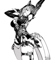  1girl animal_ears animal_hood belt black_hood breasts cat_ears cat_girl cat_hood cipher_(honkai:_star_rail) ears_through_hood greyscale highres honkai:_star_rail honkai_(series) hood hooded_leotard monochrome otimusyairoha simple_background solo thigh_belt thigh_strap thighs white_background 