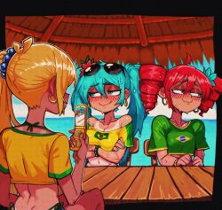  3girls ahoge akita_neru aqua_eyes aqua_hair aqua_nails arm_under_breasts averting_eyes bare_arms bare_legs bare_shoulders bead_bracelet beads bikini blonde_hair blush bracelet brazilian_flag brazilian_flag_print brazilian_miku brazilian_miku_(cosplay) breasts caught cellphone cleavage commentary cosplay cropped_shirt crossed_arms dimples_of_venus drill_hair ear_blush earrings english_commentary eyewear_on_head flag_print flip_phone flower hair_between_eyes hair_bobbles hair_flower hair_ornament hairband hatsune_miku highres holding holding_phone hoop_earrings jewelry kasane_teto long_hair medium_breasts midriff multiple_girls nail_polish nervous_sweating nose_blush off-shoulder_shirt off_shoulder osidid phone red_hairband shirt short_sleeves side-tie_bikini_bottom side_ponytail smile sunglasses sweat swimsuit table tan tanline twin_drills vocaloid wavy_mouth yuri 