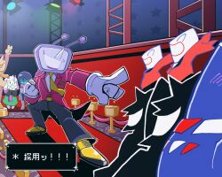  ant_tenna black_pants crt deltarune full_body gloves highres jacket kris_(dark_world)_(deltarune) kris_(deltarune) male_focus multiple_boys necktie object_head pants pippins_(deltarune) pointy_nose ralsei shadowguy_(deltarune) shio_tou shirt shoes smile tailcoat tv_world_(deltarune) white_gloves yellow_necktie yellow_shoes zapper_(deltarune) 