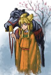  1girl alternate_costume blonde_hair blue_background cherry_blossoms closed_mouth commentary_request cowboy_shot expressionless folded_hair highres holding holding_reins horse japanese_clothes kimono kurokoma_saki kurokoma_saki_(pegasus) looking_at_viewer orange_kimono pointy_hair reins ritsuzou short_hair solo touhou toyosatomimi_no_miko tree yellow_eyes 