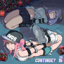  2girls absurdres arms_behind_back asahina_yoko bare_shoulders bdsm belt blue_eyes blue_jacket bomb bondage boots bound bound_arms bound_legs bruise bruise_on_arm bruise_on_knee bruise_on_leg cape clenched_teeth clothes_lift crop_top cuffs explosive handcuffs highres hogtie injury jacket jacket_lift looking_at_object looking_at_viewer loose_socks lying medium_hair midriff_peek multiple_girls mush navel nitro_express on_back on_stomach one_eye_closed pink_hair pixel_art purple_hair restrained shibari shibari_over_clothes side_ponytail sidelocks socks stomach teeth white_socks yagyo_tamaki yellow_eyes 