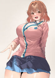  1girl :d absurdres ahoge black_overskirt black_skirt blue_ribbon blue_skirt blush breasts brown_eyes brown_hair cardigan carskey1120 collared_shirt commentary cowboy_shot dress_shirt gakuen_idolmaster grey_background hair_intakes half_updo hanami_ume hashtag-only_commentary hatsuboshi_gakuen_school_uniform highres huge_breasts idolmaster medium_hair miniskirt neck_ribbon open_mouth overskirt pink_cardigan pleated_skirt ribbon school_uniform shirt simple_background skirt smile solo thick_thighs thighs v white_shirt 