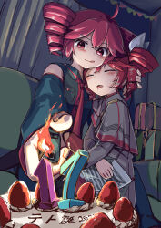  2girls absurdres ahoge birthday birthday_cake cake candle closed_eyes detached_sleeves drill_hair drooling dual_persona fire food grey_jacket grey_shirt highres holding holding_lighter holding_paper indoors jacket kasane_teto kasane_teto_(sv) kasane_teto_(utau) lighter lighting_candle long_sleeves matsuoka_cho mouth_drool multiple_girls necktie open_mouth paper red_eyes red_hair red_necktie sheet_music shirt sitting sitting_on_lap sitting_on_person sleeping sleeping_upright strawberry_cake synthesizer_v twin_drills utau 