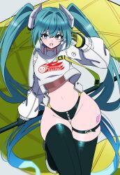 1girl absurdres black_gloves black_panties black_thighhighs blue_eyes blue_hair breasts commentary_request crop_top cropped_jacket crossed_bangs flagpole flame_print gloves goodsmile_racing groin hair_between_eyes hand_up hatsune_miku highres holding holding_pole jacket leg_tattoo light_blush long_hair long_sleeves looking_at_viewer nanashnojo navel number_tattoo open_mouth panties pole race_queen racing_miku racing_miku_(2022) skindentation smiley_face solo stomach tattoo text_print thigh_gap thigh_strap thighhighs thighs twintails two-tone_gloves underwear very_long_hair vocaloid white_jacket yellow_gloves zipper zipper_panties zipper_pull_tab 