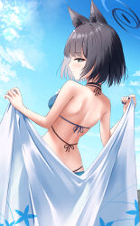  animal_ears bikini black_eyes black_hair black_halo blue_archive c.u.wa cat_ears cat_girl from_behind halo haori highres japanese_clothes kikyou_(blue_archive) kikyou_(swimsuit)_(blue_archive) multi-strapped_bikini_top short_hair swimsuit unworn_haori white_haori 