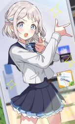 1girl blue_eyes blue_ribbon blue_skirt blush braid commentary_request crouching_start furrowed_brow gakuen_idolmaster gameplay_mechanics grey_hair hair_ribbon half_up_braid hatsuboshi_gakuen_school_uniform highres idolmaster jacket katsuragi_lilja looking_at_viewer neck_ribbon open_mouth pleated_skirt ribbon school_uniform shirt short_hair skirt smile solo star_(symbol) tsuki_ni_kawatte_oshioki_yo white_shirt 