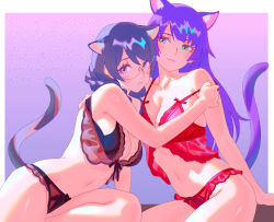 2girls animal_ear_fluff animal_ears black_bra black_hair black_panties blue_eyes bra braid breasts cat_ears cat_girl cat_tail cleavage glasses hanekawa_tsubasa large_breasts lingerie long_hair looking_at_viewer medium_breasts monogatari_(series) multiple_girls navel panties purple_eyes purple_hair purple_tail rapa_rachi red_bra senjougahara_hitagi tail twin_braids underwear underwear_only yuri 