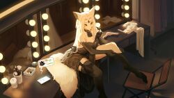  1girl animal_ears animal_nose ascot assassin backless_dress backless_outfit black_ascot black_choker black_dress black_gloves black_ribbon black_thighhighs braid breasts cellphone chair chibi chibi_inset choker cleavage cleavage_cutout clothing_cutout commentary dress dress_ribbon dressing dressing_room elbow_gloves english_commentary english_text feet_on_chair folding_chair fox_ears fox_tail frilled_dress frills from_above full_body furry furry_female gloves gun half-closed_eyes half_up_braid handgun highres holster leaning_forward leg_up long_eyelashes long_hair long_sidelocks makeup_brush medium_breasts mirror original parted_bangs parted_hair phone putting_on_legwear ribbon scouter short_dress sidelocks sitting sitting_on_table smartphone solo speech_bubble straight_hair strapless strapless_dress suppressor tail text_messaging thick_eyelashes thigh_holster thighhighs very_long_hair weapon white_fur white_hair white_tail y_chen_qiqi 