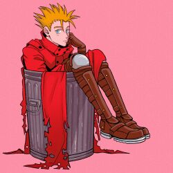  1boy absurdres blonde_hair blue_eyes boots brown_boots brown_gloves closed_mouth coat florbetriz frown gloves hair_between_eyes highres in_container in_trash_can knee_pads long_sleeves looking_at_viewer male_focus pink_background red_coat solo spiked_hair trash_can trigun vash_the_stampede 