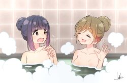  2girls =_= bathing blue_hair breasts brown_hair closed_eyes collarbone convenient_censoring fang hair_bun highres indoors inuyama_aoi large_breasts looking_at_another multiple_girls nude onsen oogaki_chiaki open_mouth signature single_hair_bun steam thick_eyebrows water yas_(yosiyasuyasu) yurucamp 