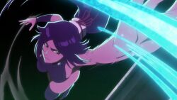  1girl air anime_screenshot bleach bleach:_sennen_kessen-hen breasts dark-skinned_female dark_skin in_air large_breasts long_hair medium_breasts ponytail purple_hair shihouin_yoruichi sideboob solo thighhighs throwing yellow_eyes 