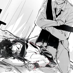 genderswap genderswap_(mtf) genshin_impact greyscale hamtaru542899 lying monochrome mors_gn on_back pantyhose school_uniform sex tartaglia_(genshin_impact) thigh_sex thighhighs twitter white_background zhongli_(genshin_impact)