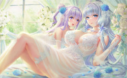  2girls absurdres alternate_costume azur_lane blue_eyes blue_flower blue_rose breasts dress flower frilled_thigh_strap gloves hair_flower hair_ornament hand_on_another&#039;s_back highres illustrious_(azur_lane) jewelry large_breasts long_hair looking_at_viewer multiple_girls necklace pafekui partially_fingerless_gloves purple_eyes purple_hair rose see-through_clothes silver_hair small_breasts thigh_strap thighs tiara unicorn_(azur_lane) very_long_hair wedding_dress  rating:Sensitive score:35 user:danbooru
