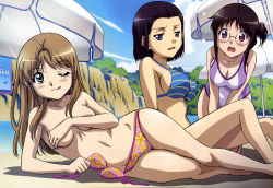  3girls :q ;q absurdres b-gata_h-kei beach beach_umbrella bikini blonde_hair blue_eyes blush breast_hold breasts brown_hair cleavage covering_breasts covering_privates day glasses highres large_breasts licking_lips long_hair lying miyano_mayu multiple_girls naughty_face navel nyantype official_art on_side one_eye_closed open_mouth purple_eyes purple_hair short_hair skindentation smile swimsuit takeshita_miharu teasing tongue tongue_out topfreedom topless_female umbrella unworn_bikini_top wavy_mouth wink yahiro_yuuko yamada_(b-gata_h-kei)  rating:Questionable score:98 user:danbooru