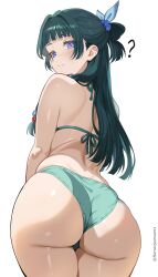 1girl absurdres alternate_costume ass beads bikini blue_eyes blunt_bangs blunt_ends blush freckles green_bikini green_hair hair_beads hair_ornament half_updo harutoyumaarts highres kusuriya_no_hitorigoto long_hair looking_back maomao_(kusuriya_no_hitorigoto) median_furrow simple_background skindentation solo swimsuit twitter_username very_long_hair white_background 