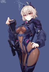  ahoge artist_name blonde_hair bodysuit breasts closed_mouth cowboy_shot cropped_hoodie epakim grey_bodysuit gun gun_sling hand_on_own_hip hand_on_weapon happy_birthday hat highres hood hoodie horns impossible_bodysuit impossible_clothes indie_virtual_youtuber jacket long_sleeves mechanical_horns medium_breasts medium_hair navel optical_sight party_hat purple_jacket red_eyes rifle saruei_(vtuber) scar scar_across_eye scar_on_face slit_pupils virtual_youtuber weapon 
