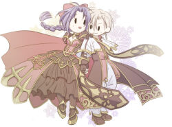  1boy 1girl arch_bishop_(ragnarok_online) armor armored_boots armored_dress blonde_hair boots bow braid brown_coat brown_gloves brown_pantyhose brown_shoes closed_mouth coat commentary_request cross dress fingerless_gloves full_body gloves gold_trim hair_bow holding_hands long_hair looking_at_another looking_to_the_side official_alternate_costume open_clothes open_coat open_mouth pants pantyhose pauldrons petticoat pink_bow pink_dress pink_shirt purple_hair ragnarok_online royal_guard_(ragnarok_online) sharari shirt shoes short_hair shoulder_armor shrug_(clothing) simple_background single_braid smile solid_oval_eyes variant_set white_background white_pants 
