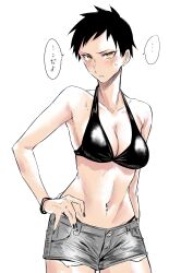 1girl breasts character_request colored_skin highres japanese_text jeans_shorts medium_breasts nail_polish short_hair shorts swimsuit tagme tsukumo_nikyu white_skin yellow_eyes
