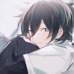 1boy artist_request black_hair black_sleeves blue_eyes blush dark_legends long_sleeves medium_hair original shirt source_request white_shirt