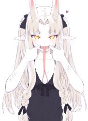 1girl black_bow blush bow breasts camisole commentary_request female_focus finger_in_own_mouth forked_tongue grey_hair hair_bow hair_ribbon hands_up heart horns long_hair long_tongue original orochi_(yagi) parted_bangs pointy_ears ribbon scales short_eyebrows simple_background slit_pupils small_breasts smile solo thick_eyebrows tongue tongue_out tress_ribbon twintails upper_body white_background yagi_(ningen) yellow_eyes rating:Sensitive score:19 user:danbooru