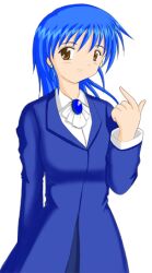  1girl ascot blue_brooch blue_hair blue_shirt brown_eyes business_suit diamond_earrings earrings formal_clothes game_cg jewelry kioh_gyoku long_hair long_sleeves looking_at_viewer lowres milia_(seihou) non-web_source seihou shirt smile solo suit third-party_source transparent_background white_ascot 