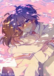  1boy 1girl antenna_hair blue_eyes blue_hair blush brown_hair brown_jacket clannad clenched_teeth commentary crying crying_with_eyes_open dappled_sunlight dated dated_commentary falling_petals furukawa_nagisa highres hug jacket long_sleeves necktie okazaki_tomoya petals pink_petals red_necktie sailor_collar shiroto_iku sunlight tears teeth white_sailor_collar 
