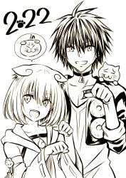 1boy 1girl 2022 animal_ears ayakashi_triangle bell black_cat_(series) choker commentary_request creator_connection crossover eyelashes greyscale happy highres kanade_suzu looking_at_viewer monochrome neck_bell official_art shirogane_(ayatora) shirt short_hair sketch smile standing train_heartnet yabuki_kentarou 